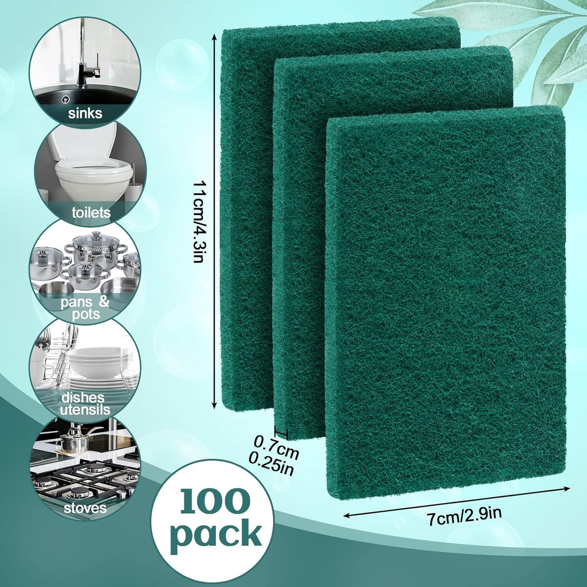 Hoolerry 100 Pcs Heavy Duty Scouring Pads Non Scratch Household Scrub Pads for Cleaning Reusable Pan Scrubber Anti Grease Scrubbing Pads for Dish Kitchen Metal Grills, 4.3 x 3 x 0.3 in (Green)