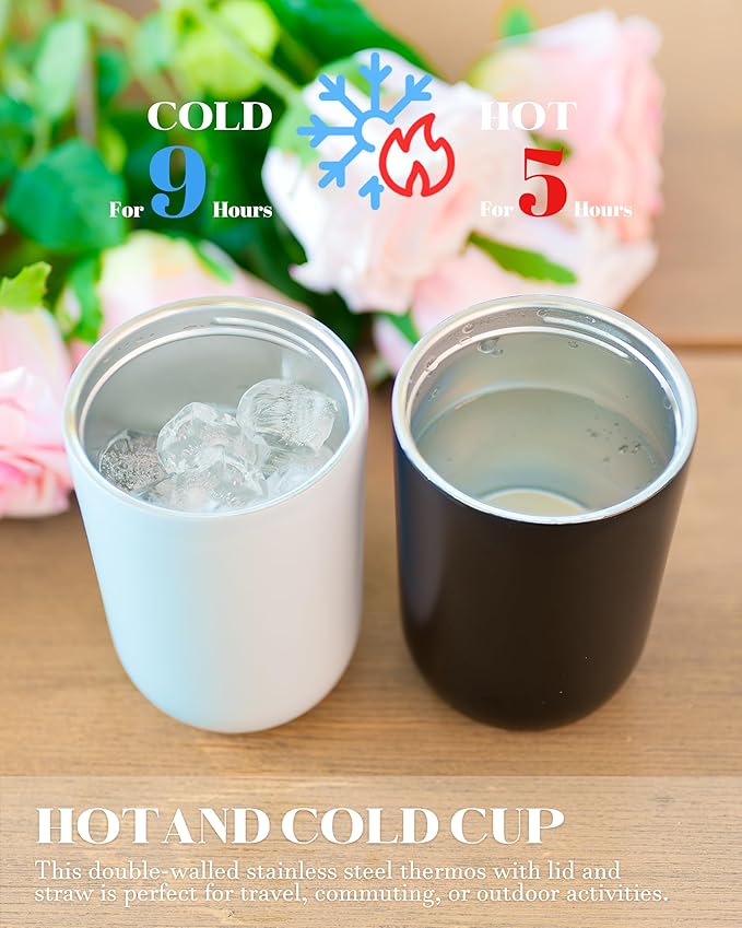 10 oz Insulated Coffee Tumblers, Travel Coffee Tumblers with Straw, Double-Wall Stainless Steel Tumbler, Leak Proof Tumbler, Reusable Cups with Lids for lced and Hot Drinks (Cream)