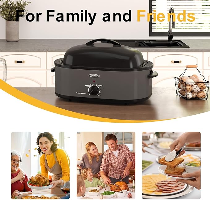 Royalcraft Roaster Oven with Self-Basting Lid, 18qt Electric Roaster with Removable Pan & Rack, Turkey Roaster Oven with Defrost & Warm Function, Stainless Steel, Grey