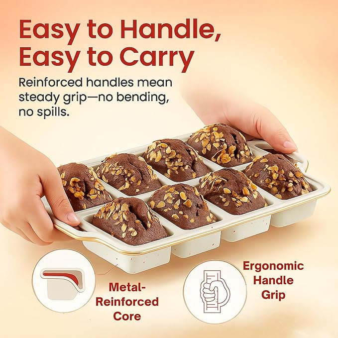 2-Pack Silicone Mini Loaf Pans for Baking Bread – 8-Cavity Nonstick Baking Molds with Metal-Reinforced Handles – BPA-Free, Odor-Resistant Silicone mini bread loaf pans for Cakes & Meatloaf – Cream