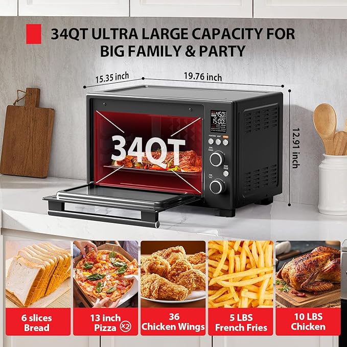 TOSHIBA ChefFry Air Fryer Toaster Oven Combo, 12-in-1 Convection Countertop Oven, 34QT / 32L Large Capacity, 1750W, Master Pizza Modes Design with Exclusive Dual-Temp Tech