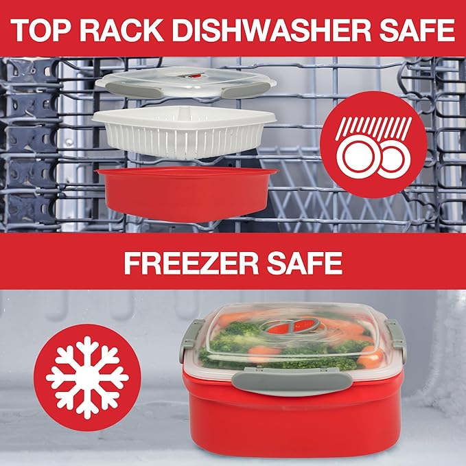 3pc Microwave Cookware Vegetable Steamers (2 pack)- Reusable Meal Prep Food Containers, Store Leftovers-Removable Strainer & Locking Steam Vent Lid- BPA Free, Fridge and Freezer Safe | 1.3 Liters