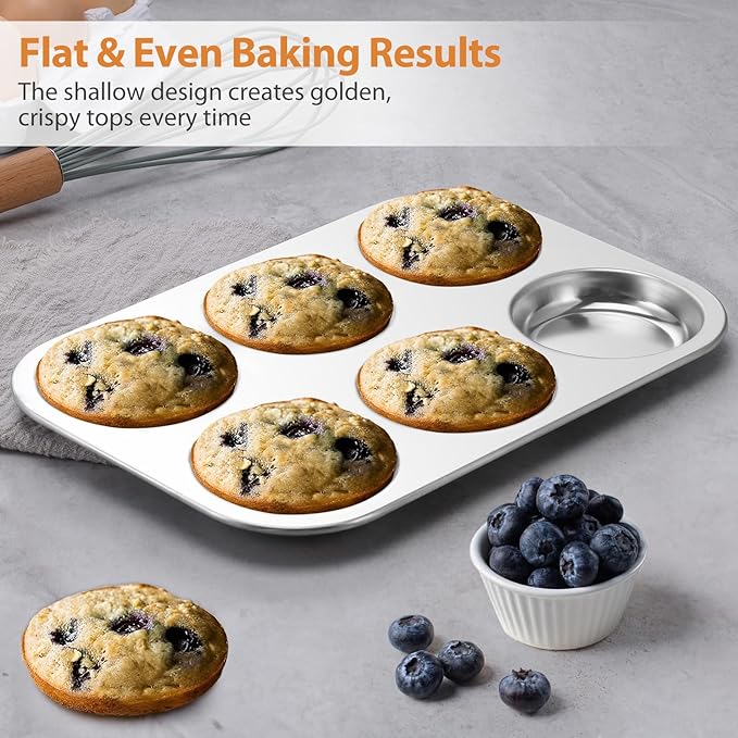 E-far Muffin Top Pan Set of 2, Stainless Steel 6-Cavity Shallow Cupcake Pan for Baking Whoopie Pie, Yorkshire Pudding, Eggs, Cornbread, Drop Cookies, Non-toxic & Standard Size, Oven & Dishwasher Safe