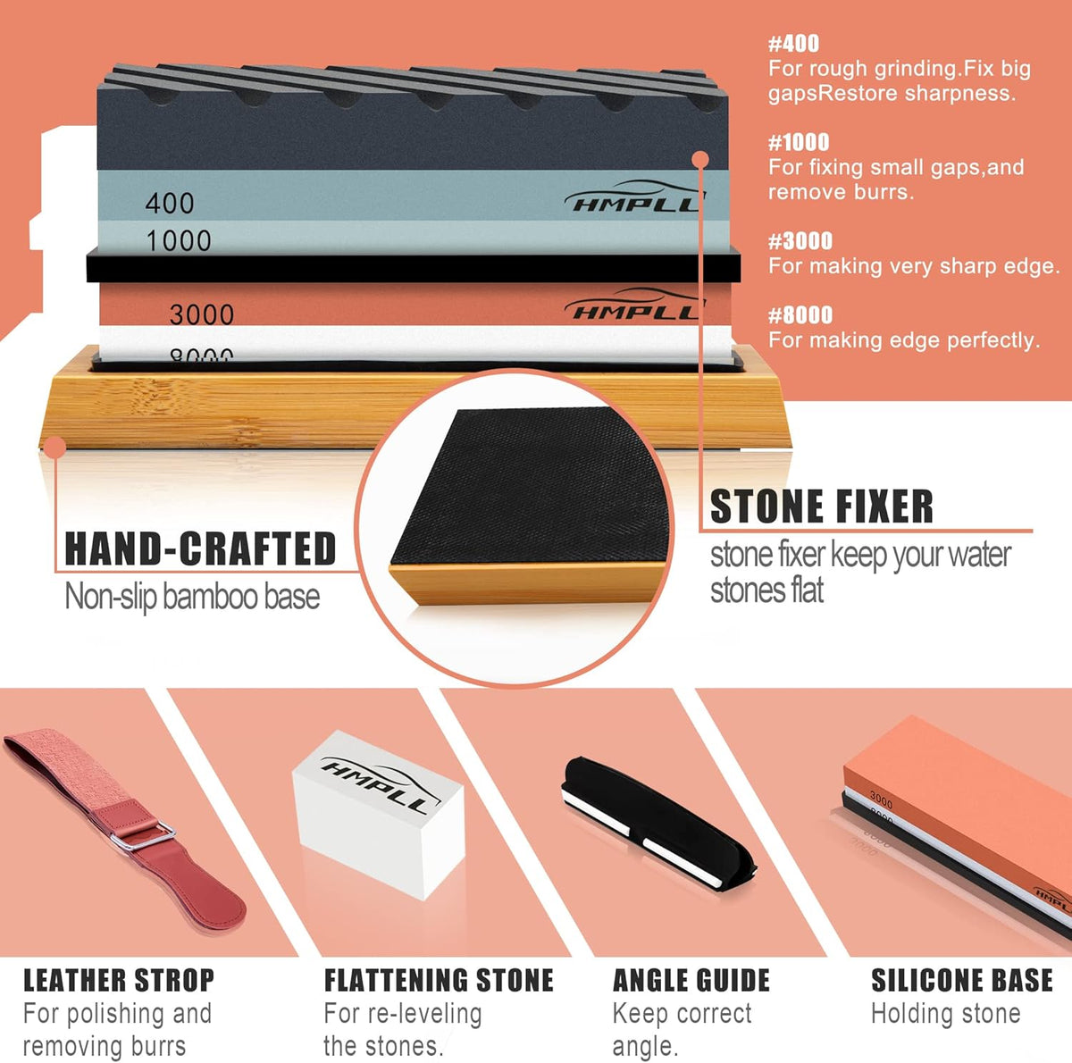 Knife Sharpening Stone Set, Professional Whetstone 4 Side Grit 400/1000 3000/8000, Whetstone Knife Sharpener Stone Set Include Non-slip Base, Leather Strop, Flattening Stone & Angle Guide