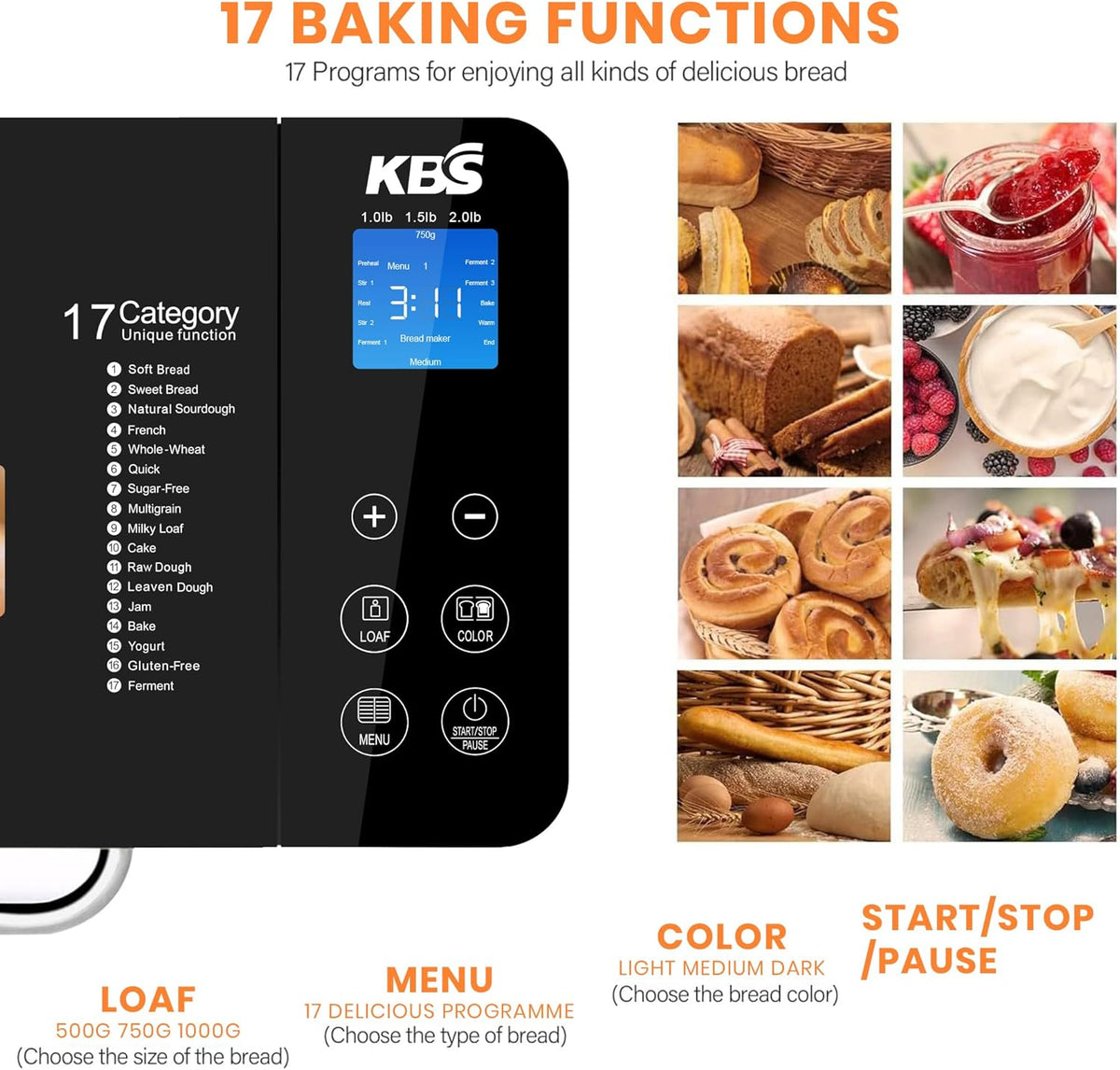 KBS 17-in-1 Bread Maker-Dual Heaters, 710W Machine Stainless Steel with Gluten-Free, Dough Maker,Jam,Yogurt PROG, Auto Nut Dispenser,Ceramic Pan& Touch Panel, 3 Loaf Sizes 3 Crust Colors,Recipes
