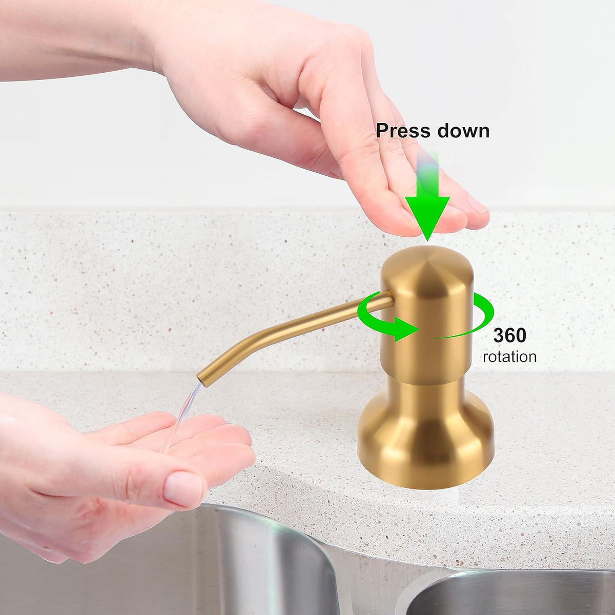Soap Dispenser for Kitchen Sink, Sink Soap Dispenser with Longer Threaded Shaft Shank, 47" Extension Tube Connects Directly to Dish Soap Container, Wider Pump Head Base（Golden）