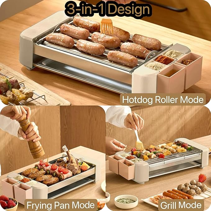 Hot Dog Roller, 3 in 1 Hot Dog Machine 6 Rollers, 3-Speed Control Hotdog Roller Grill 5ft Cord, Non-Stick Removable Grilling & BBQ Plates, for Family Gatherings & Outdoor BBQ