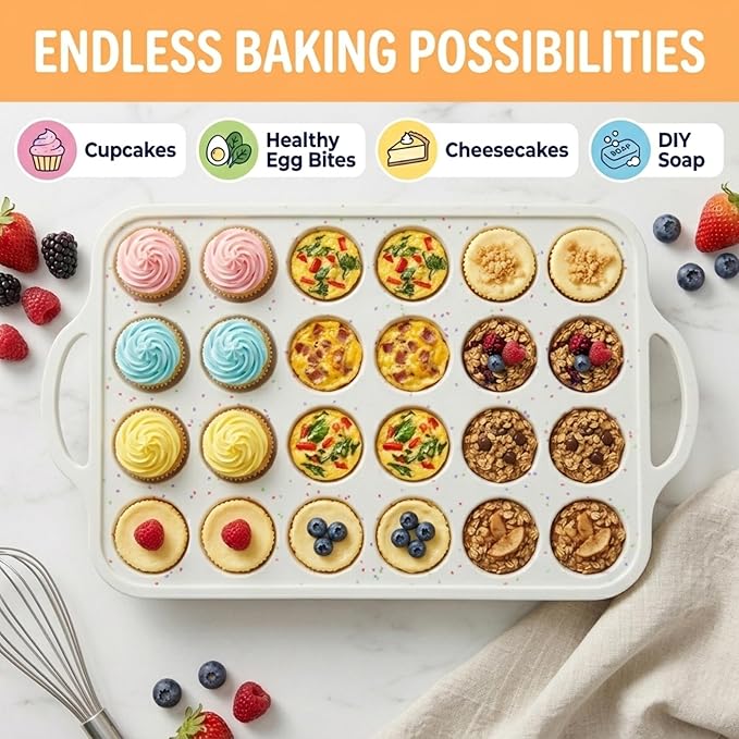 2-Pack - Silicone Mini Muffin Pan, – 24-Cup, Nonstick Silicone Muffin Pans for Baking with Metal-Reinforced Handles, – BPA-Free Muffin Tin Tray for Mini Cupcakes & Snacks – Dishwasher Safe, Cream