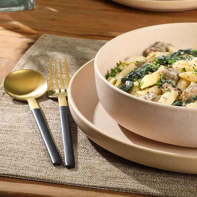 Gibson Elite Pasco 16 Piece (Service for 4) Plates and Bowls Double Bowl Reactive Glaze Dishes Stoneware Ceramic Dinnerware Set - Cream