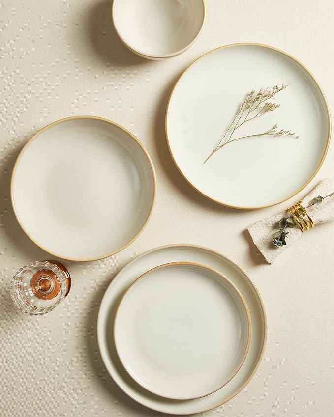 Stoneware Dinnerware Sets, Ceramic Plates and Bowls Set, Microwave & Dishwasher Safe Kitchen Dishes, Modern Dinner Salad Plates | Cereal Bowls, Dishware Sets Service for 4 Yellow White