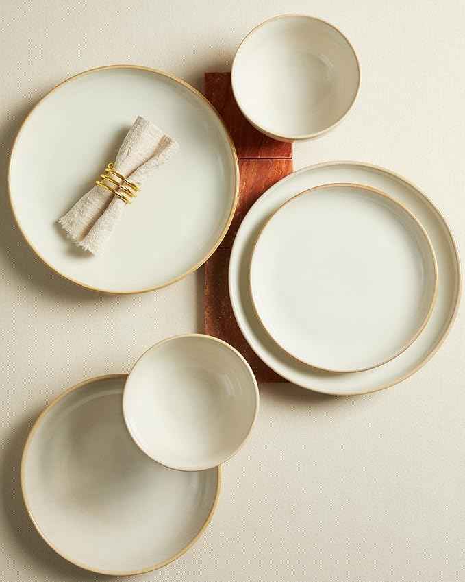 24 Piece Double Bowl Dinnerware Sets with Pasta Bowls, Highly Chip and Crack Resistant Plates and Bowls Sets, Natural Earthyware Ceramic Dishware Sets, Service for 6 Yellow White