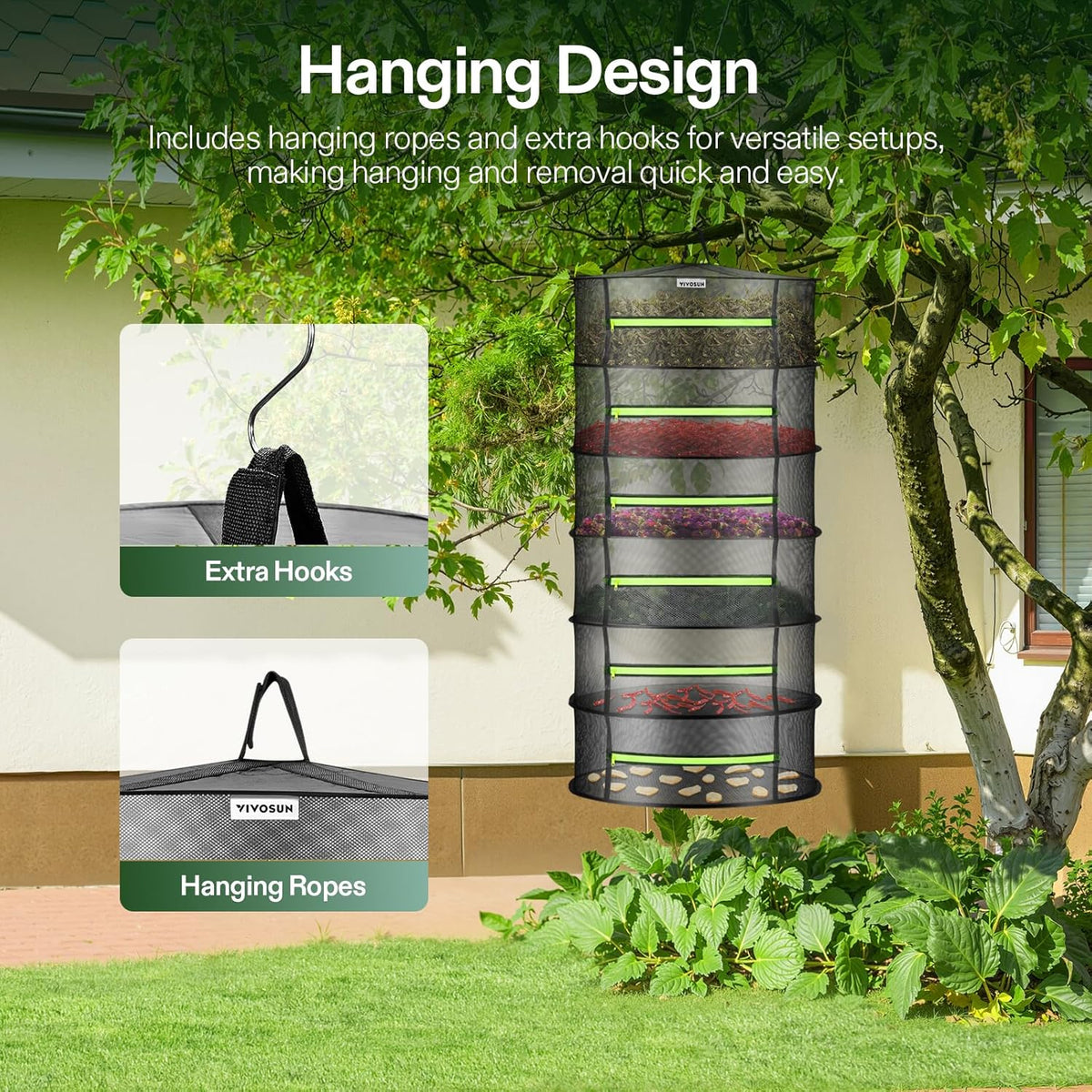 VIVOSUN 2-Pack 6-Layer Mesh Drying Rack Hanging Design with Green Zippers for Dehydrating, Indoor and Outdoor (Pruning Shears Included)