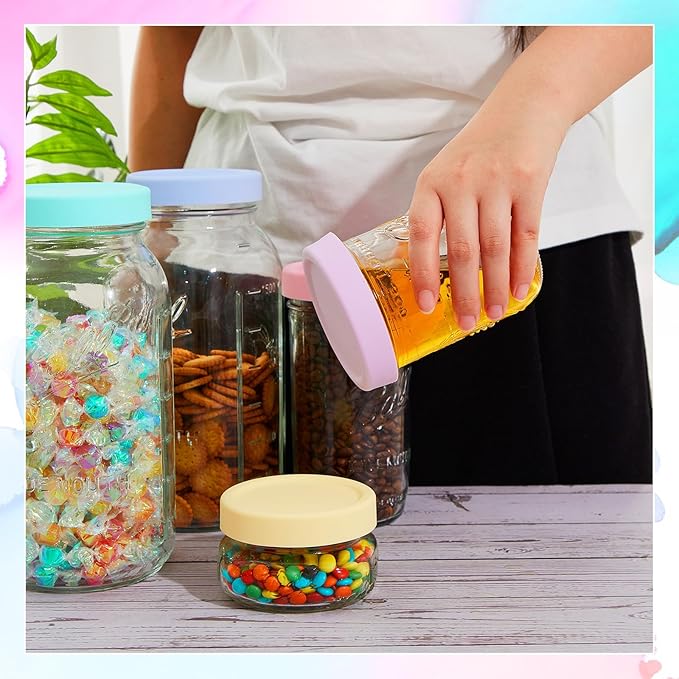 Teenyyou 6 Pcs Silicone Regular Mouth Lids Mason Jar Lids Thickened Leak Proof Lid for 70 mm All regular mouth Mason Jars, Reusable Large Canning Jar Caps(Macaron)