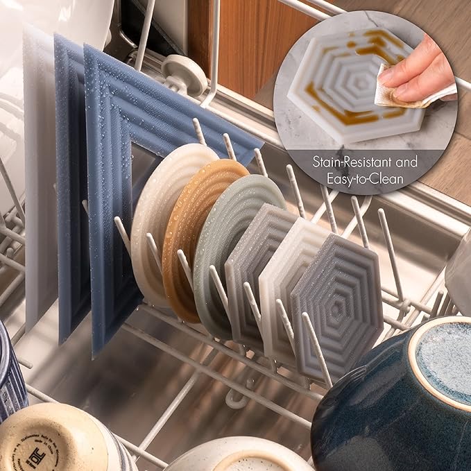 LINE+ARC Extra Thick Silicone Coasters (As Seen in NYTimes WireCutter) Waterproof Anti-Stain Heat-Safe Dishwasher-Safe Degrē Coasters (Set of 6, Indigo Wash) Outdoor Rubber Mid-Century Modern