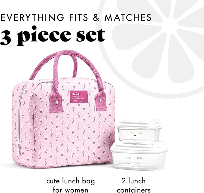 Fit & Fresh Bloomington Lunch Bag for Women - Insulated Large Lunch Box for Work with Containers, Leak-Resistant, Stain-Resistant, Zipper Closure, Tiny Pink Flowers