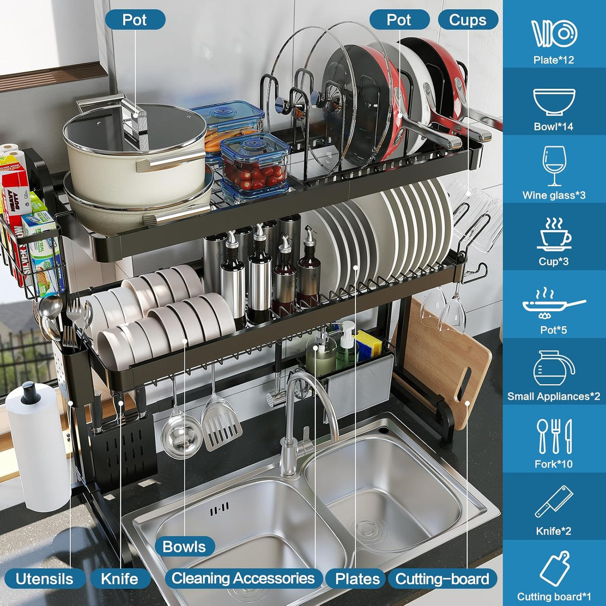 Over The Sink Dish Drying Rack,3 Tier Adjustable Length Full Stainless Steel Large Storage Kitchen Dish Rack,for Kitchen Counter Expandable Multifunctional Organizers,Silver (25.5'' to 37.6'')