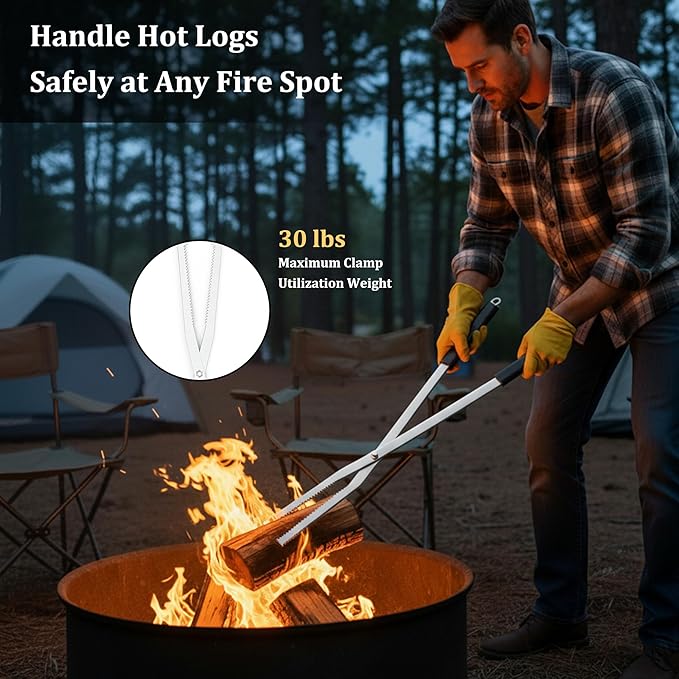 Heavy Duty Fire Tongs Firewood Grabber Tool with Scissor Shape Serrated, Bonfire, Campfire Fire Pit Log Claw Tongs (Silver)
