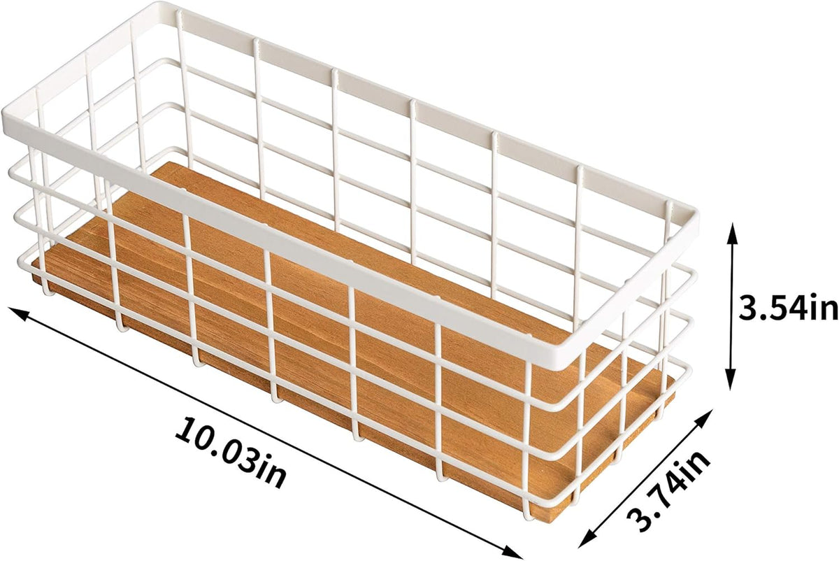 TIEYIPIN Small Metal Wire Storage Basket, Detachable Wood Base Storage Organizer Bin Basket for Kitchen Cabinets, Bathroom, Pantry, Garage, Laundry Room (Cream White, 2 Pack)
