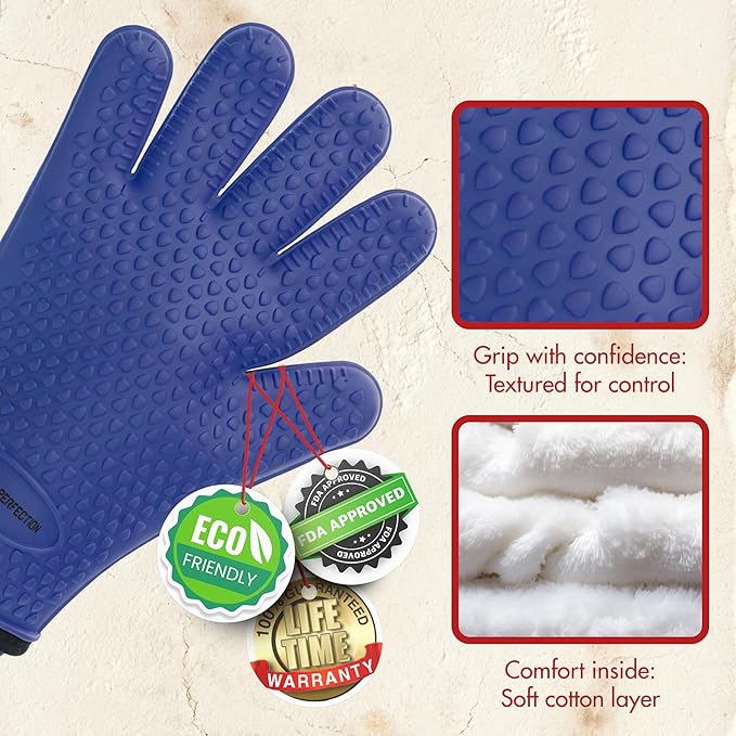 KITCHEN PERFECTION XL Silicone Oven & Griddle Gloves -Extreme Heat Resistant BBQ & Grilling Gloves -Handle Hot Food Right on Your Griddle |Waterproof Oven Mitts Grill Gloves |Superior Set+3 Bonuses