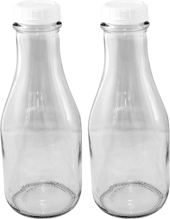 The Dairy Shoppe 1 Qt Glass Milk Bottle 32 Oz Tall/Round Style with Snap-on Caps and Pour Spouts (2 pack)