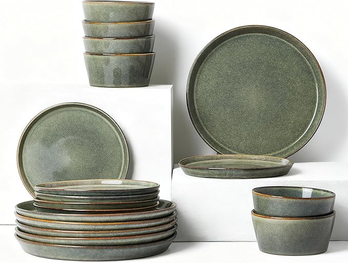 Pokini Dinnerware Sets, Microwave Safe Plates and Bowls Sets, Dishes Set for 6, Chip & Scratch Resistant Dinner Set, Hand Glazed Farmhouse Dishware Sets, Green Wheat