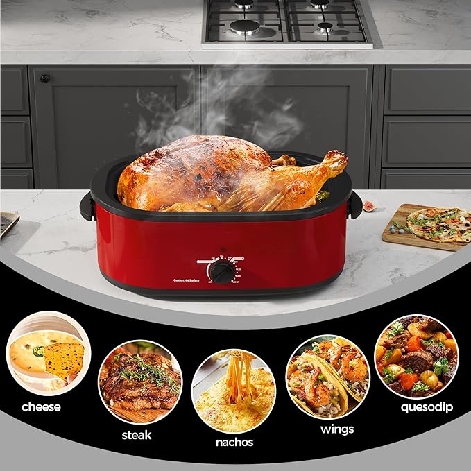18 Quart Roaster Oven with Self-Basting Lid, Large Electric Turkey Roaster Oven with Defrost & Warm Function, Adjustable Temperature, Removable Pan & Rack, Stainless Steel, Red