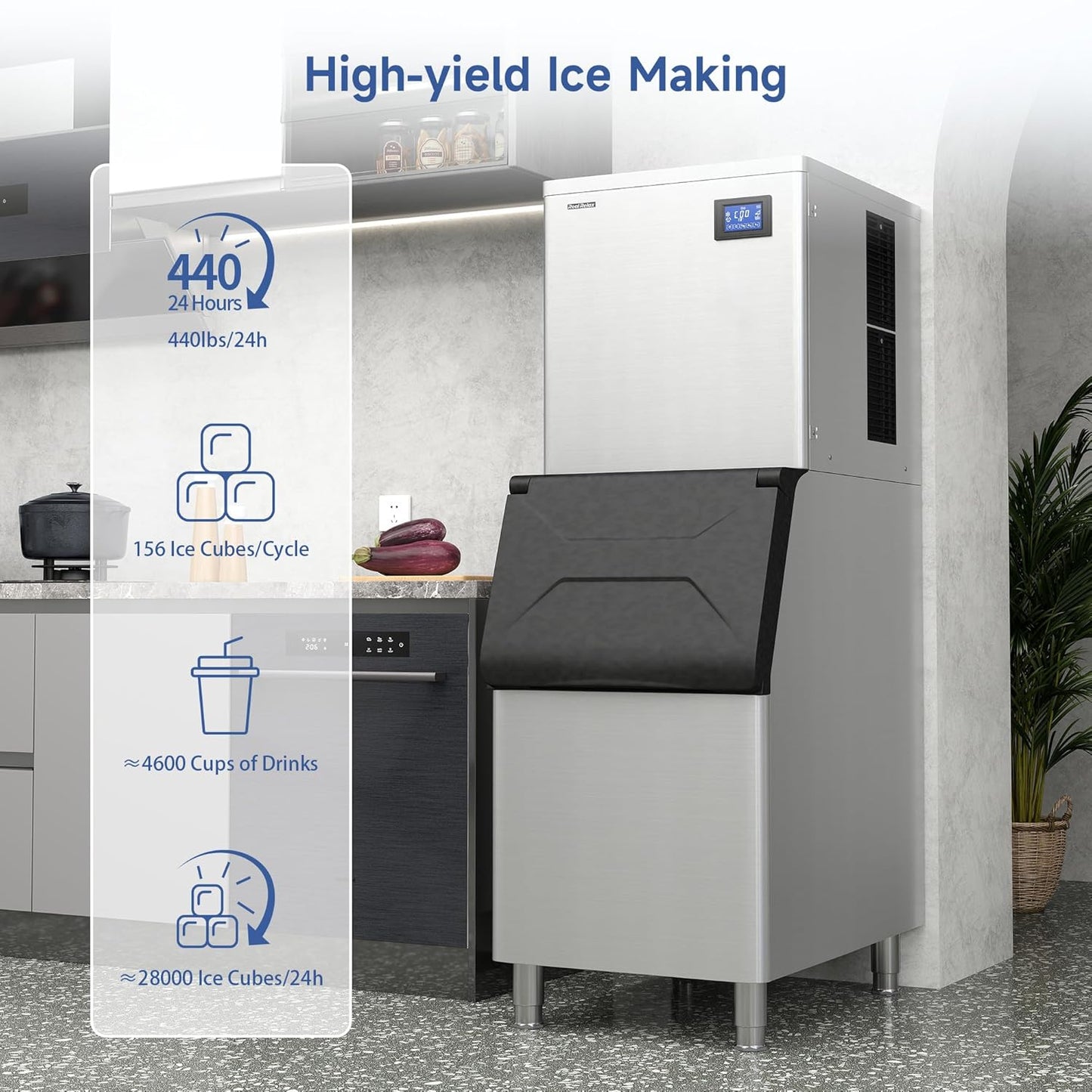 Real Relax Commercial Ice Maker 440 lbs/24H with 330 lb Storage Bin, ETL Approved Commercial Ice Machine with Automatic Self-Cleaning, LCD Display – for Restaurant, Bar, Hotel, Café