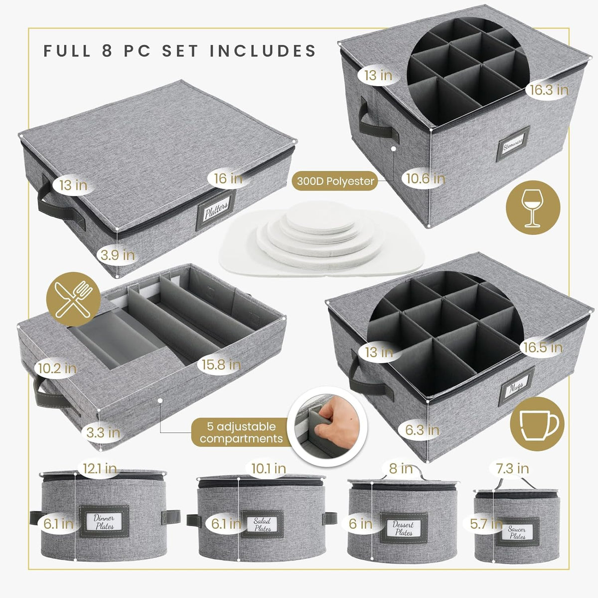 HOMELUX THEORY Saucer Plate Storage Box, 2pc LightGray Hard Shell China Storage Containers Thick Lid & 24 Felt Pads, Heavy Duty Moving Box with Handles for Dishes, Dinner Plate, & Dinnerware