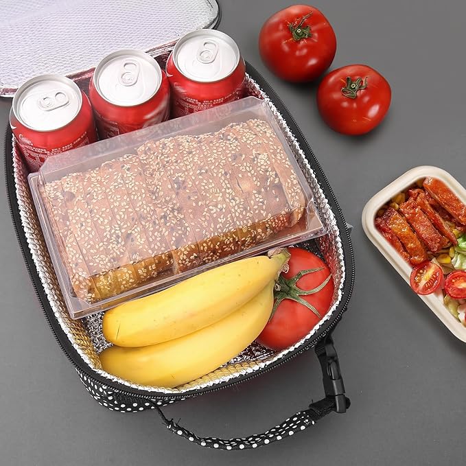 Lovoeo Lunch box Lunch bag for men women Insulated Lunchbox Lunch bags for Work Picnic Travel (Black polka dot)