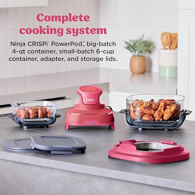 Ninja Crispi 4-in-1 Glass Air Fryer | 450°F | Non-Toxic | 4QT & 6-Cup Glass Containers w/Lids | Microwave, Freezer, Dishwasher Safe | Max Crisp, Air Fry, Bake, Recrisp | Cherry Crush | FN101DR
