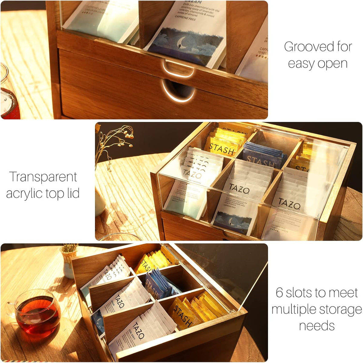 Large Tea Organizer 2 Tier with Drawer by HTB, Tea Bag Organizer with Acrylic Transparent Hinged Lid, 9 Compartments Wooden Tea Bag Holder for Home, Office, Tea Parties