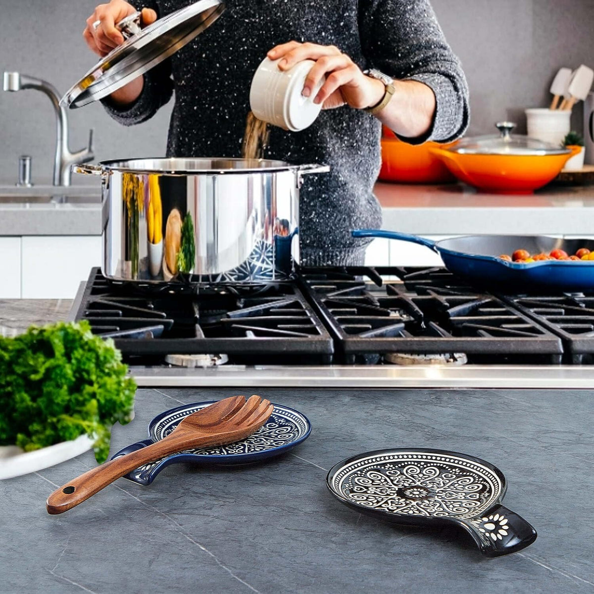 Ceramic Spoon Rest, Cooking Spoon Holder for Kitchen Counter/Stove Top/Dining Table Modern Farmhouse Decorative, Large (Black)