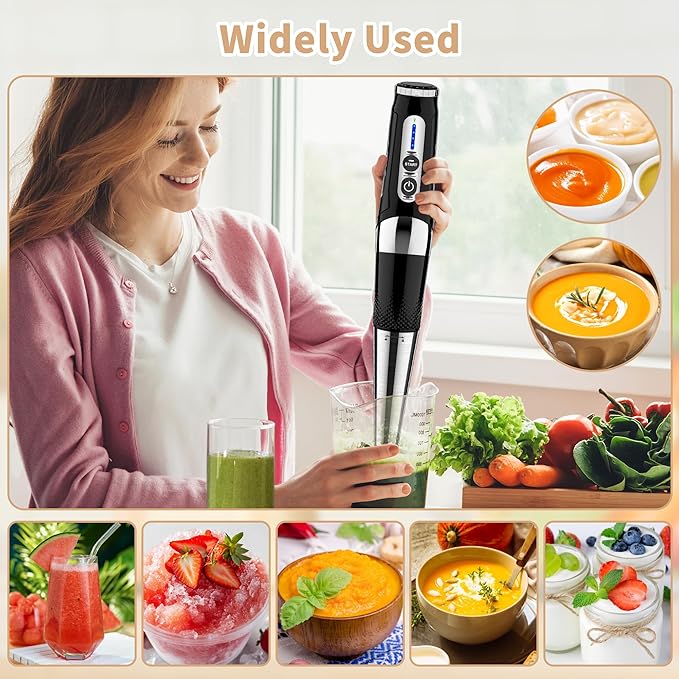 Toogel Cordless Immersion Blender, Electric Hand Blender with 21-Speed & 3-Angle Adjust, USB Rechargeable, BPA-Free & Dishwasher Safe for Baby Food, Smoothies, Soup (Black)
