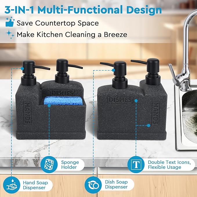 Kitchen Hand Soap and Dish Soap Dispenser Set,Dual Soap Dispenser with Sponge Holder 3-in-1 Organizer for Kitchen Sink,Bathroom,Useful Kitchen Gadgets - Black