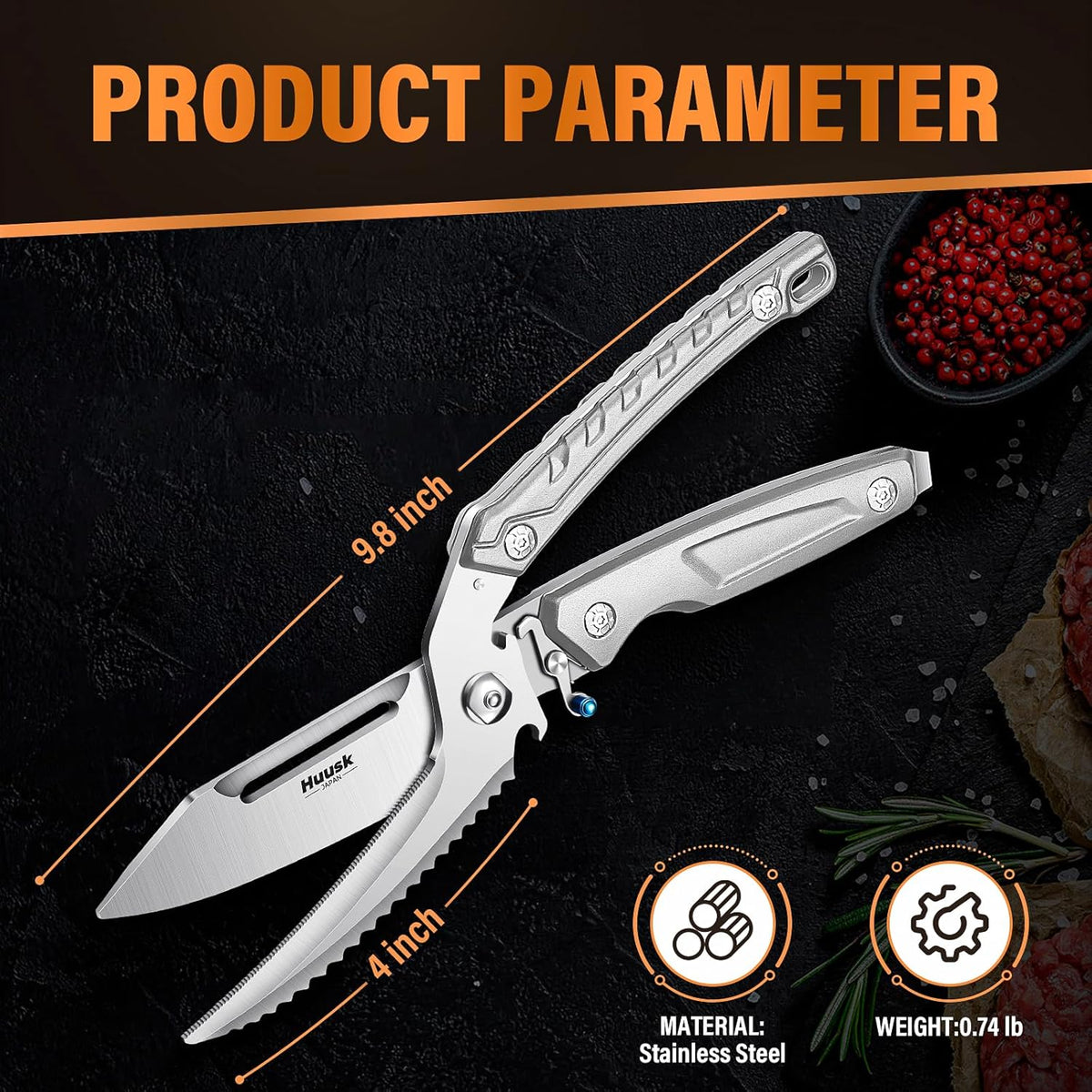 Huusk Heavy Duty Poultry Scissors - Kitchen Scissors with Serrated Edge, Detachable Sharp Shears for Cutting Meat, Chicken Bone and Turkey, All Purpose for Thanksgiving (Silver)