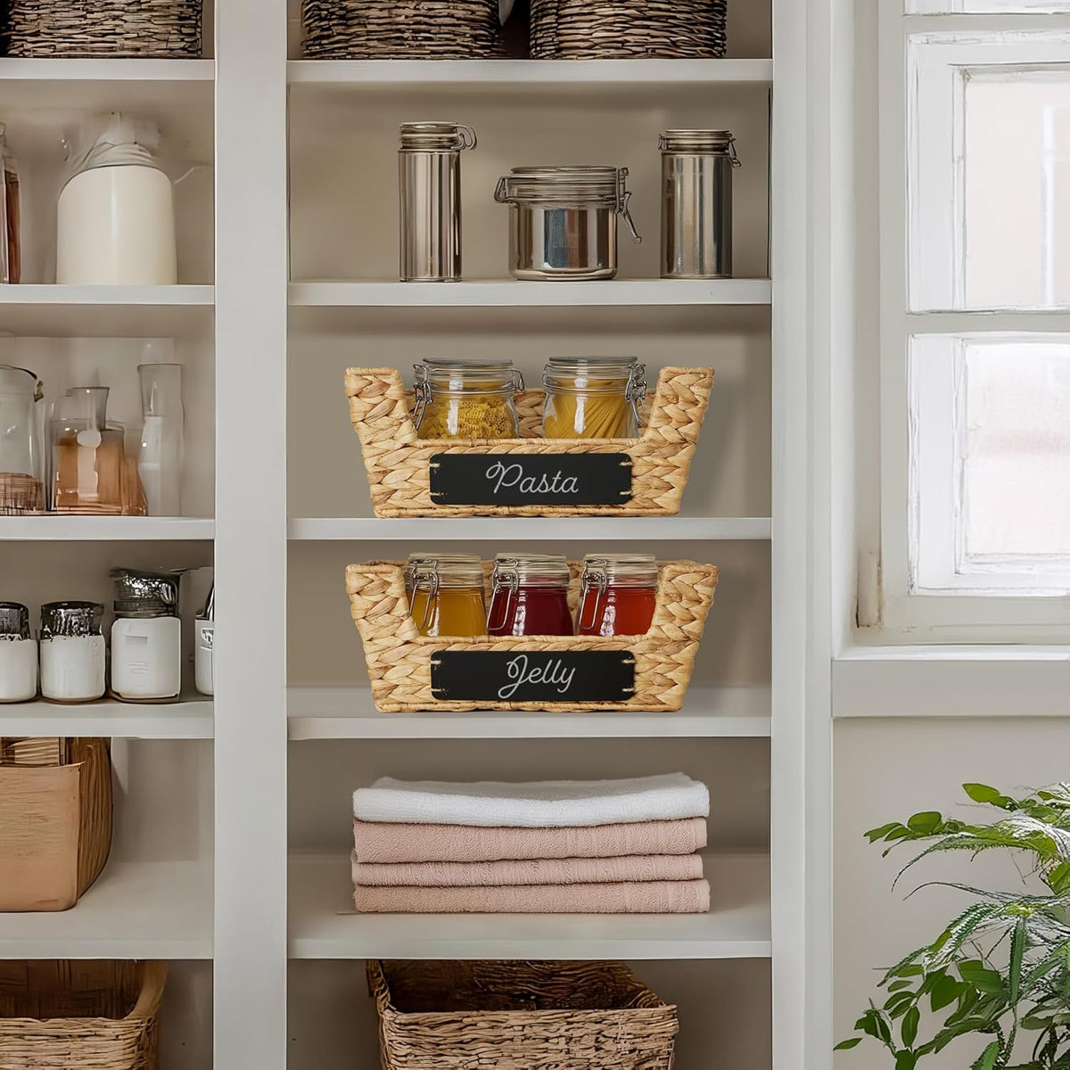Casafield Set of 2 Water Hyacinth Pantry Baskets with Handles, Chalkboard Labels, and Marker - Natural, Wide Woven Storage Bin Organizers for Kitchen Shelves