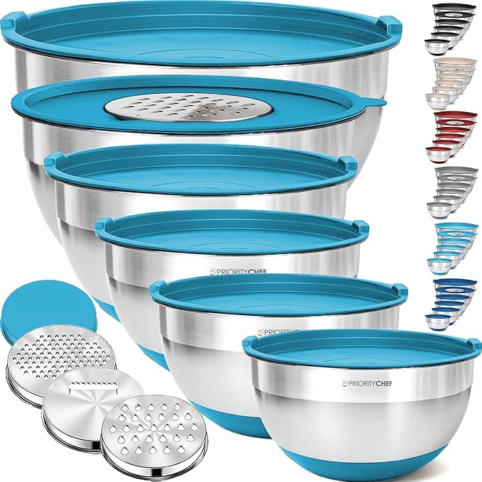Priority Chef 6Pc Large Mixing Bowls With Lids Set with Non-Slip Bases, Stainless Steel Mixing Bowl Set, 6 Airtight Lids and 3 Graters, Turquoise