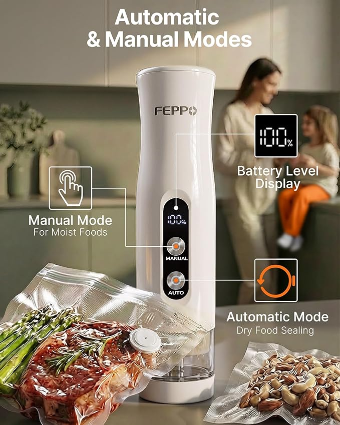 FEPPO Compact Vacuum Sealer for Food (Vacuum Sealer Machine + 3 Containers + 10 Reusable Bags), Anti-Overflow Powerful Portable Handheld Food Sealer, Auto & Manual Modes, Travel Lock, Easy-Clean