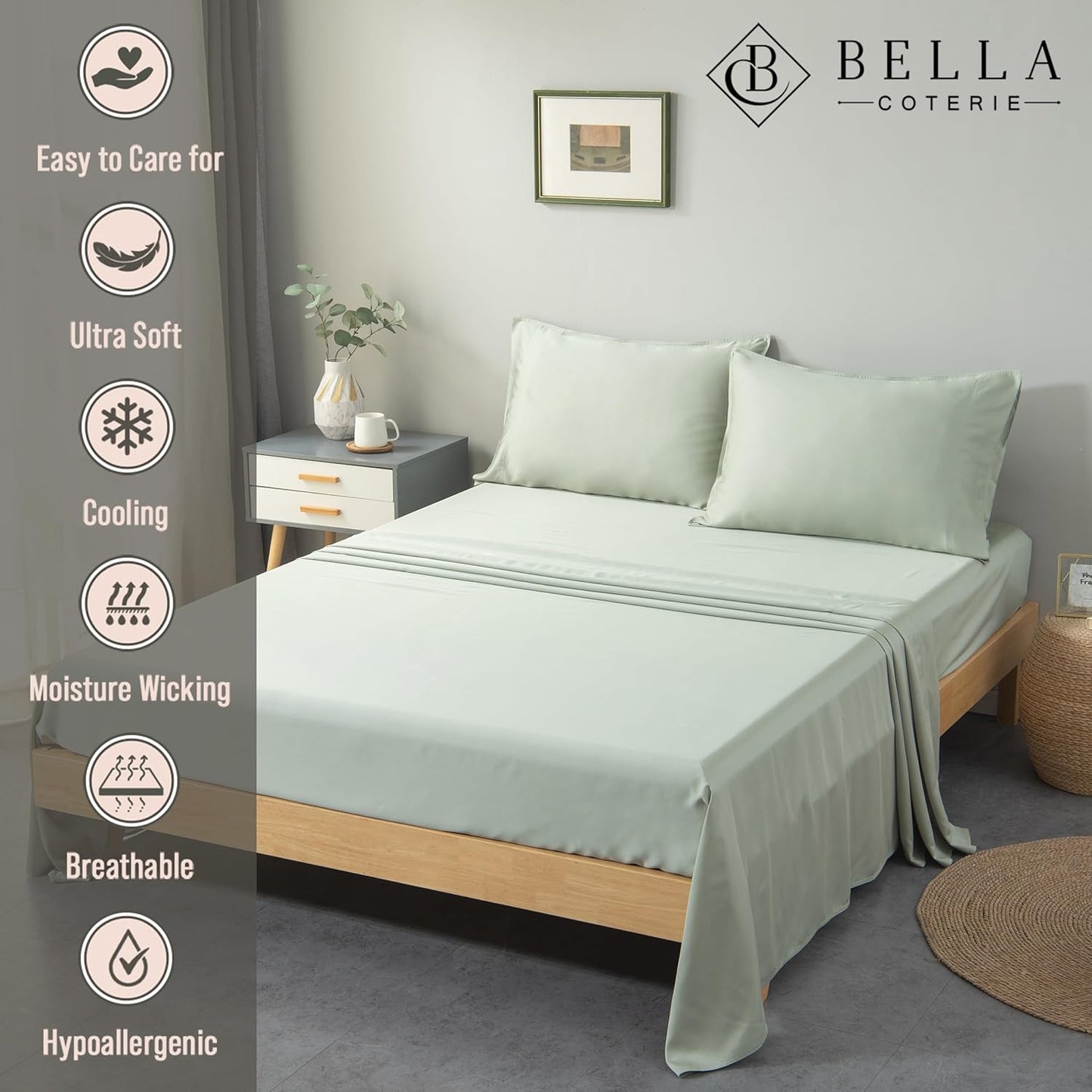 Bella Coterie Luxury Bamboo Viscose Cal King Size Sheet Set | 100% Organically Grown | Ultra Soft | Cooling for Hot Sleepers | 18" Deep Pocket [Sea Glass]
