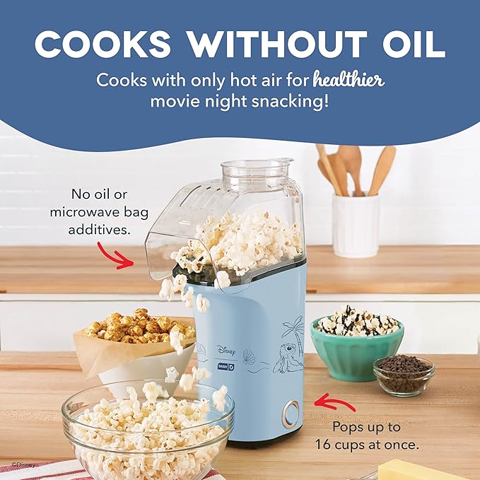 Disney Dash Fresh Pop Popcorn Maker - Oil-Free, Air Popcorn Popper - With Measuring Cup & Recipe Guide - Perfect for Movie Nights - 16 Cups, Stitch