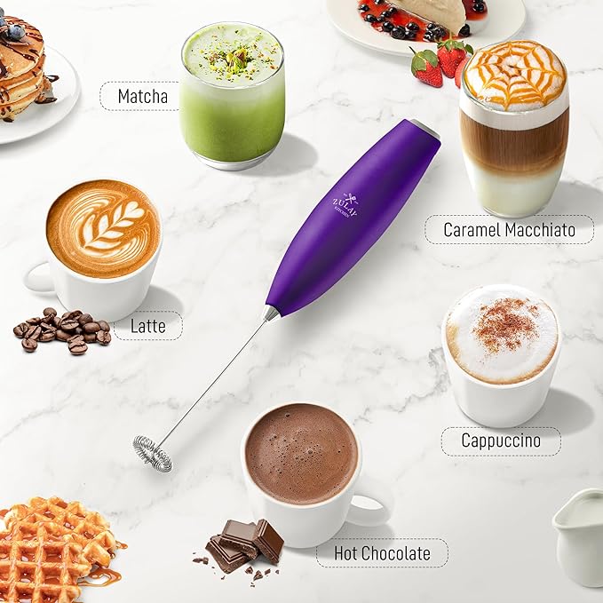 Zulay Kitchen Milk Frother Handheld Electric Whisk with AA Duracell Batteries – Durable Drink Mixer for Coffee, Lattes, Cappuccinos & More - Purple