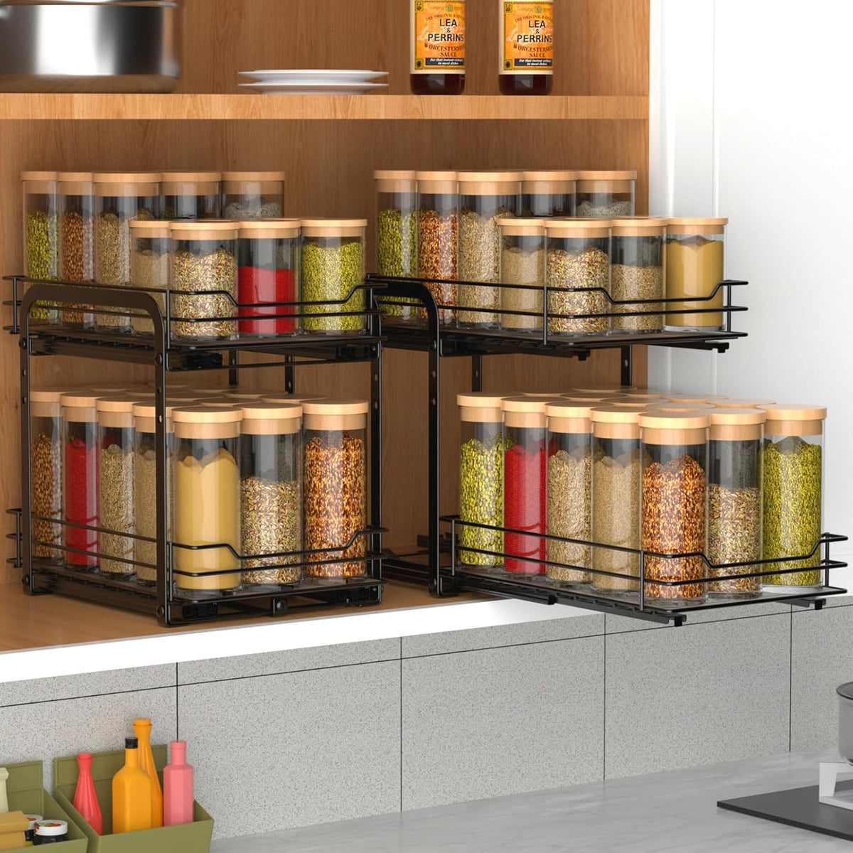 2-Tier Spice Rack, Pull Out Spice Racks Organizer for Cabinet, Height Adjustable Heavy Duty Metal Basket for Inside Cabinets & Pantry Closet (7.5''Wx10.5''Dx9.5''H)