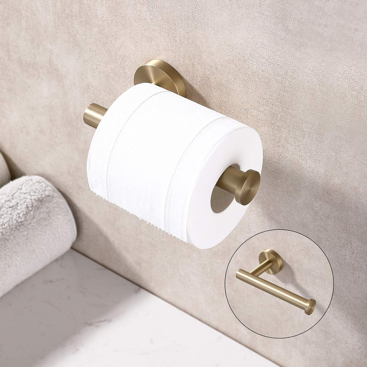 TASTOS Brushed Gold Toilet Paper Holder SUS304 Stainless Steel, Modern Round Tissue Roll Holders Wall Mount, Toilet Paper Roll Dispenser Bathroom 5 inch TP Holder for Kitchen Washroom