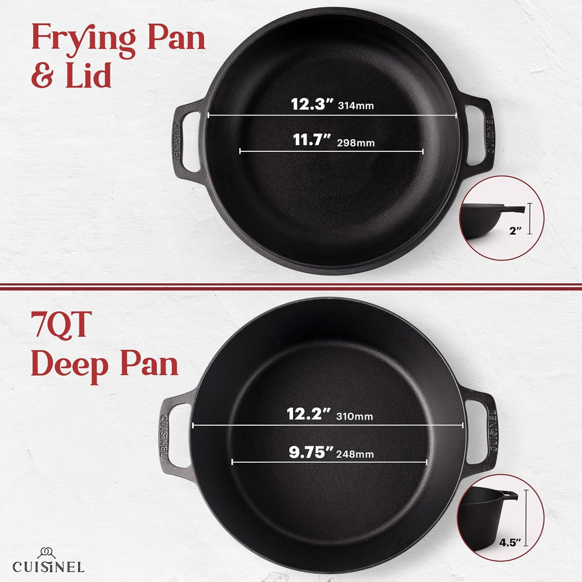 Cuisinel Cast Iron Dutch Oven 7-Quart - Pre-Seasoned 2-in-1 Deep Pot Multi-Cooker - Combo Lid Doubles as 12" Skillet Frying Pan + Silicone Handle Covers + Scraper/Cleaner - Indoor/Outdoor Cookware