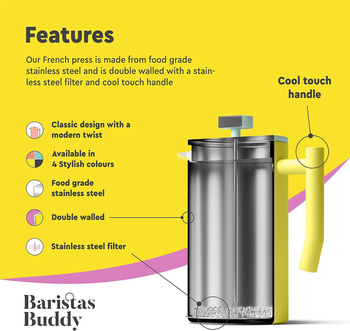 Yellow French Press Coffee Maker - Colorful, Retro And Stylish Insulated Coffee Brewer - Large Size Brews 4 Cups