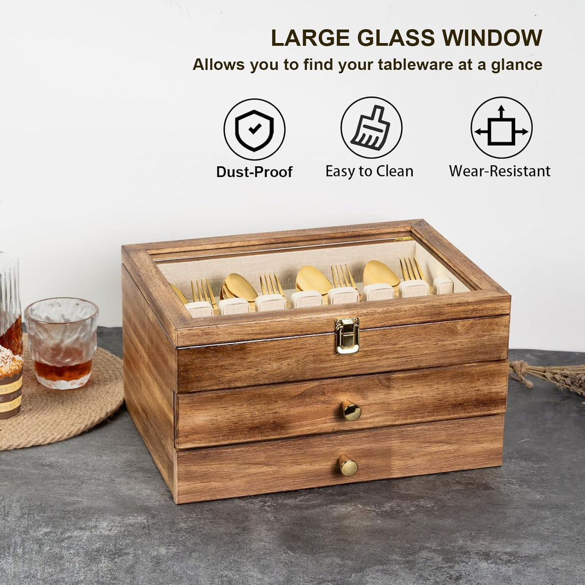 Silverware Box, 3-Layer Wooden Silverware Storage Box with Glass Lid, 14.5×10.6 Inches Vintage Style Decor Flatware Storage Case for Fine Flatware & Utensils, Gift Idea (Torched Wood)