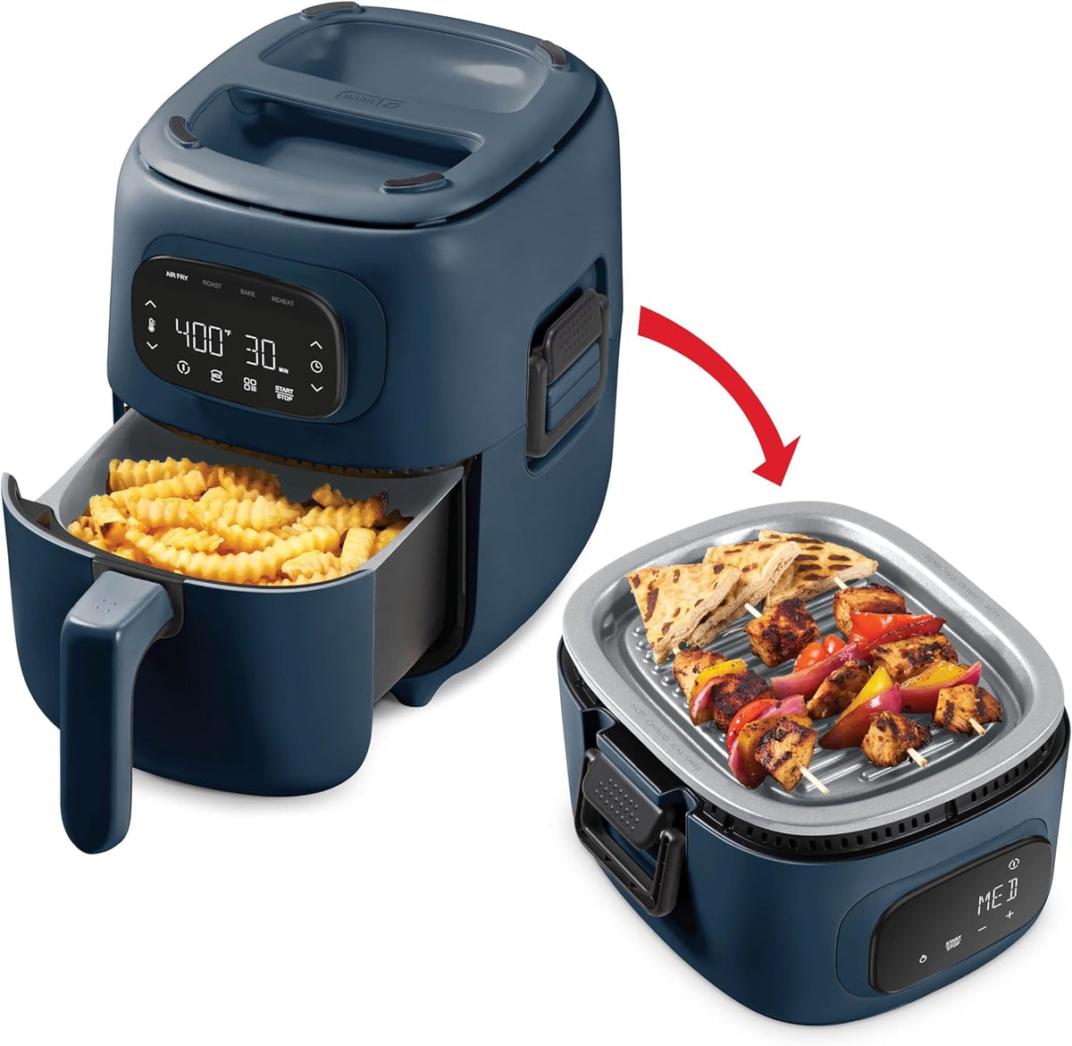 Dash Flip & Fry™ Digital 2-in-1 Grill + Air Fryer with 4 functions, 3 Qt Capacity, Air fryer & Indoor Grill for fries, wings, burgers and more - Navy