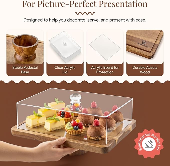 HOMESPHERE Acacia Wood Cake Stand with Lid - Rectangular Cake Holder, 2-in-1 Dessert Table Display Set & Charcuterie Board for Cheese, Chips, Fruit Platter, Large Acrylic Cake Dome Cover, No Glass
