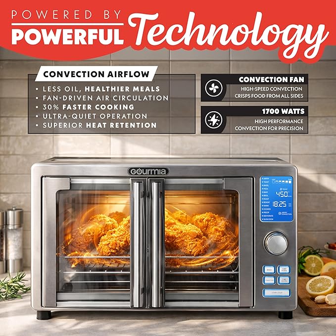 Gourmia Air Fryer French Door Toaster Oven - 6-Slice Capacity, LED Display with 14 Cooking Presets, Stainless Steel