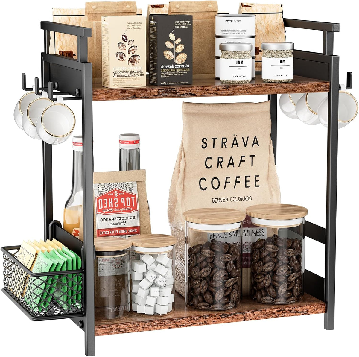 KLM 2 Tier Coffee Bar Organizer for Home Office, Spice Rack for Countertop, Kitchen Counter Storage Shelf with Hanging Basket, Coffee and Tea Condiment Station Organizer